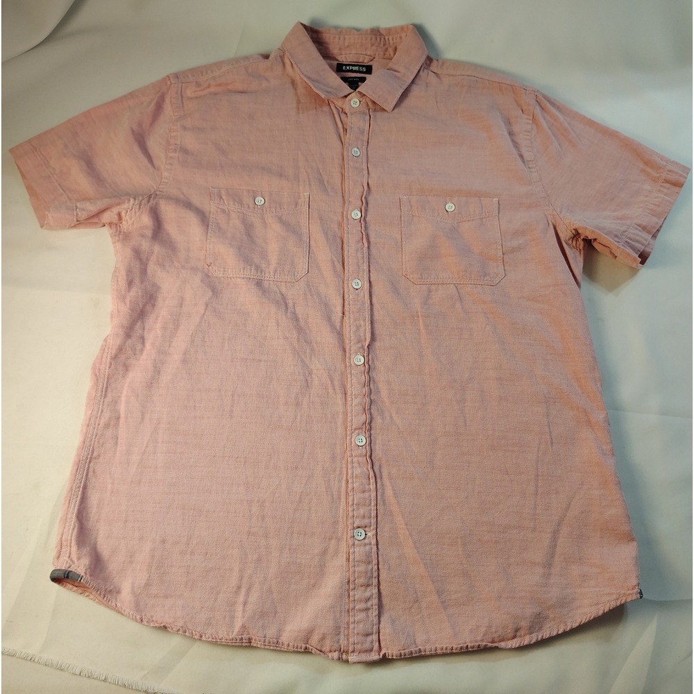 Express Soft Wash Mens XL Salmon Pink Cotton Short Sleeve Button Up Shirt